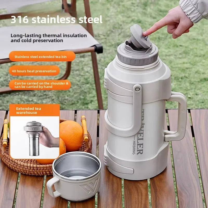 316 stainless steel ultra large capacity insulated pot, outdoor portable car sports tea cup, ultra large travel pot