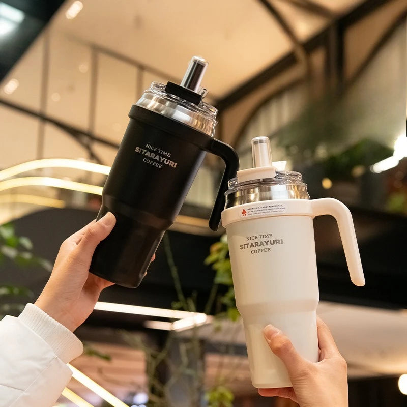 Large Capacity Insulated Straw Water Bottle for Students Summer, Cold & Hot Retention Tumbler with Handle, Leak-Proof Portable
