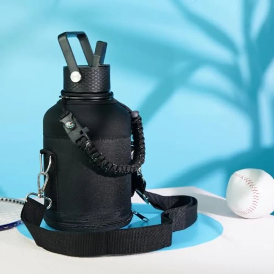 Insulated Water Bottle with Straw 3 Lids Water Jug with Carrying Bag Paracord Handle Double Wall Vacuum Stainless Steel Metal F