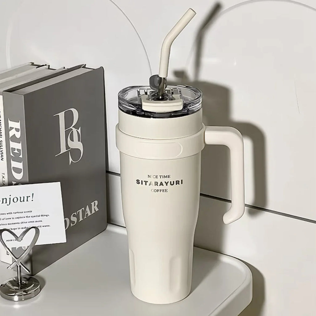 1pc Stainless Steel Ice Tumbler 38.55oz Insulated Cup with Handle & Straw Keeps Cold for 24 Hrs Car Insulation Cup Coffee Water