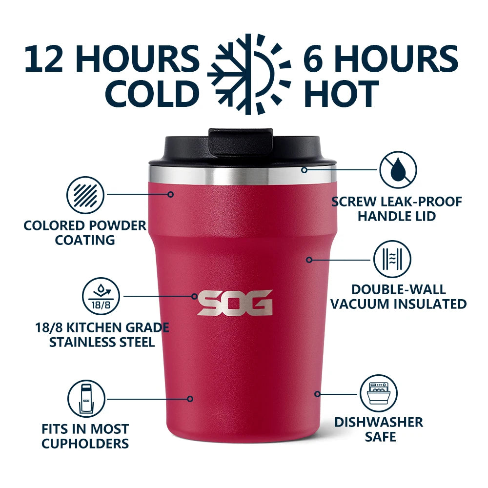 SOG 12oz/360ml Thermos Coffee Mug Stainless Steel Vacuum Insulated Water Bottle & Travel Coffee Cup for Camping, Sports, Office