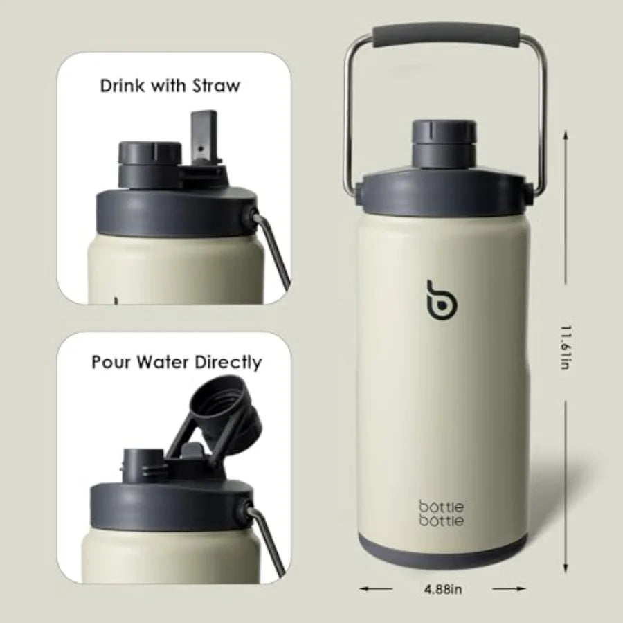 Insulated Water Bottle 64 oz with Straw and Dual-use Lid Half Gallon Water Jug Vacuum Stainless Steel for Workout Sports Insula