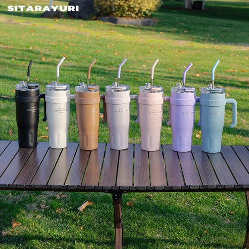 1pc Stainless Steel Ice Tumbler 38.55oz Insulated Cup with Handle & Straw Keeps Cold for 24 Hrs Car Insulation Cup Coffee Water