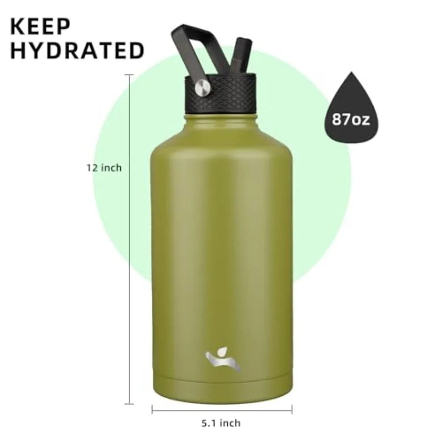 Insulated Water Bottle with Straw 3 Lids Water Jug with Carrying Bag Paracord Handle Double Wall Vacuum Stainless Steel Metal F